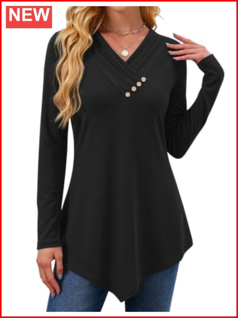 Womens V Neck Tunic Top Loose Fit Long Sleeve Asymmetric Hem Dressy